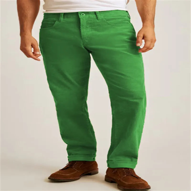 Straight leg corduroy casual trousers in army green colour showing mid waist and zip placket detail.