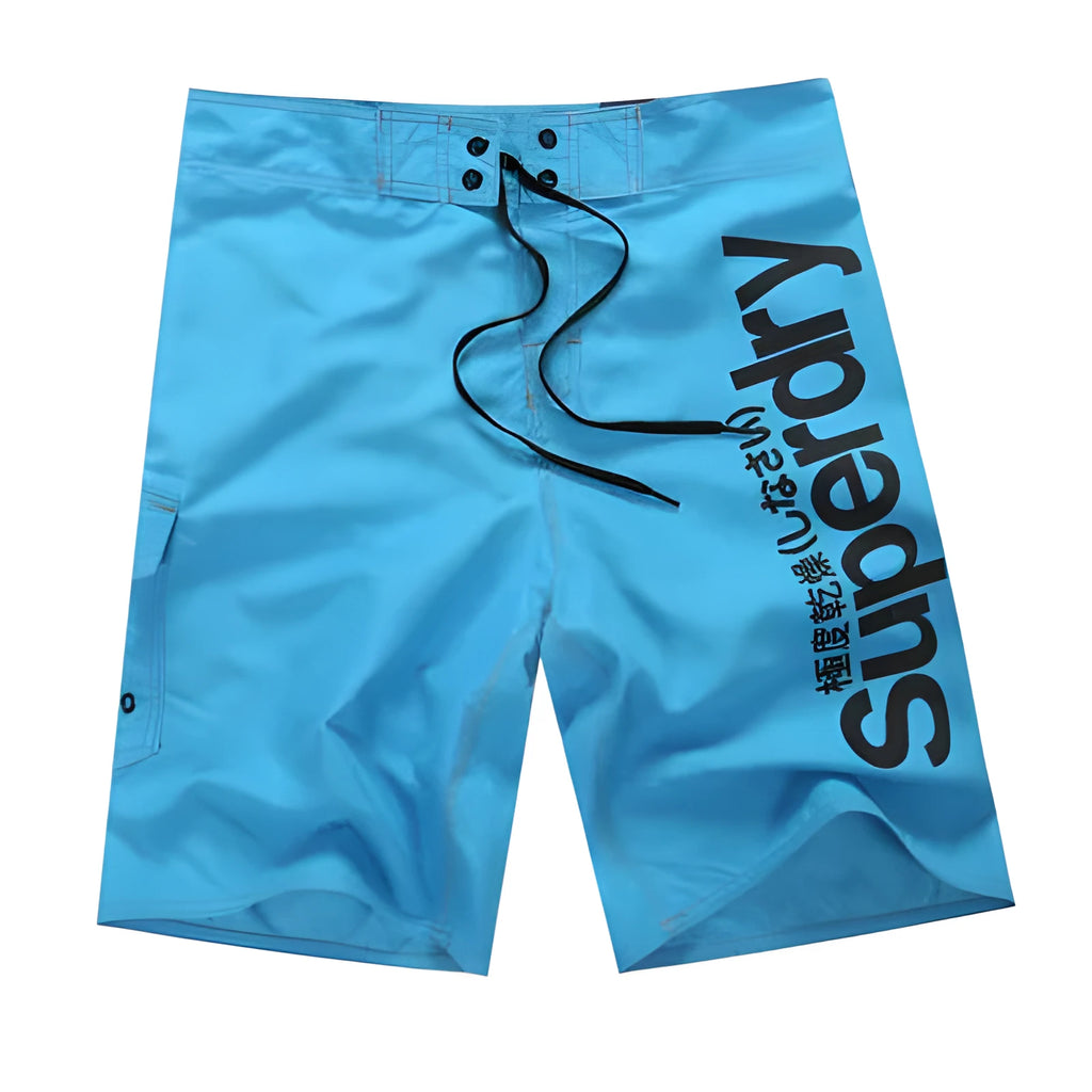 Men's striped polyester beach shorts in blue front view