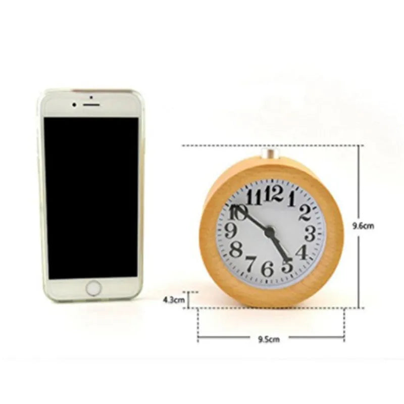 Solid beech wood student bedside alarm clock showing 9.5cm size and analogue dial.