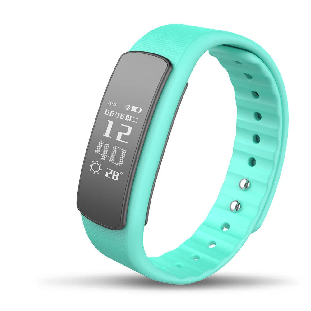 I6 smart sports bracelet with 0.96 inch touch screen showing black TPU wristband and PC body