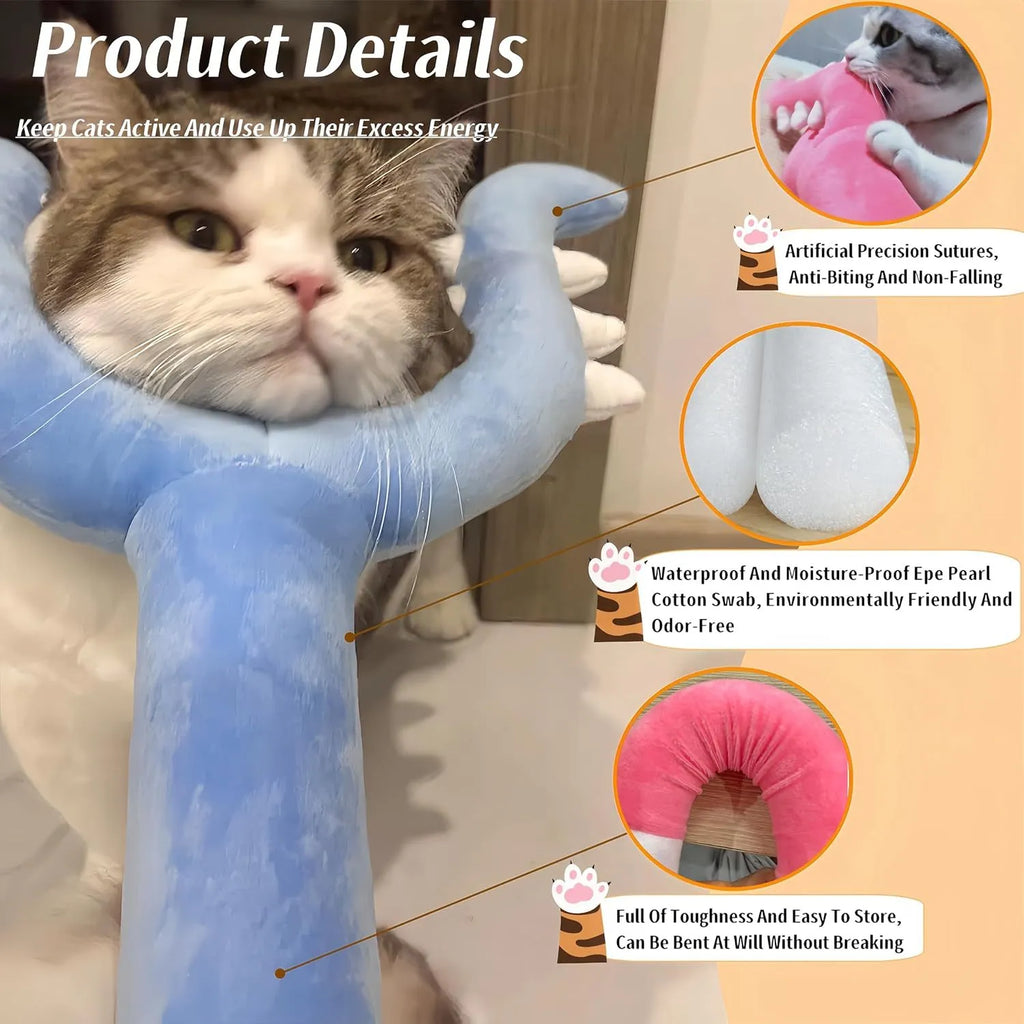 Blue plush cat wand toy with Chikawa cat head on a 70 cm long stick for interactive pet play.