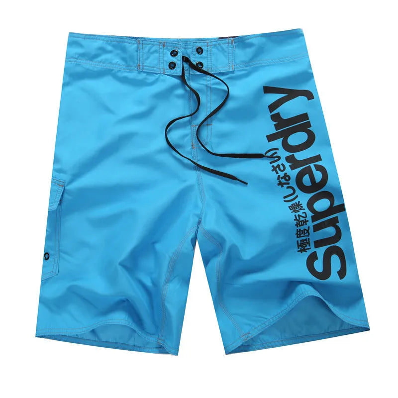 Men's striped polyester beach shorts in blue front view