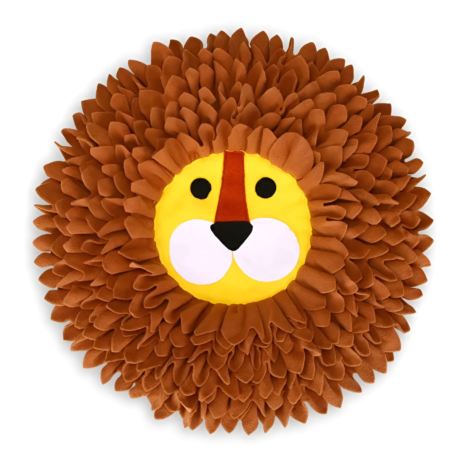 Brown lion-pattern snuffle mat for dogs and cats on a floor, showing plush hiding sections.