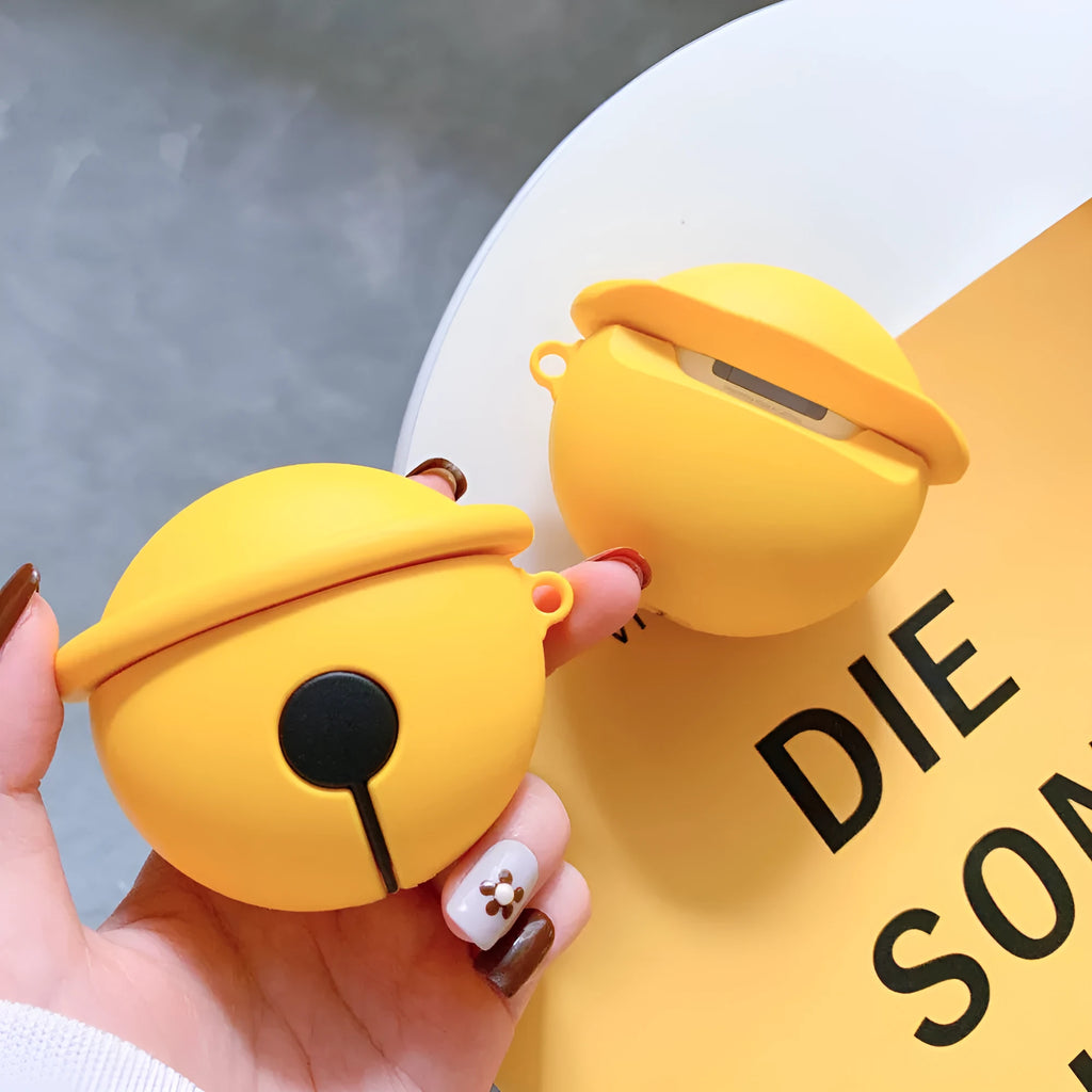 Yellow bell-shaped silicone protective case for AirPods 1 and 2 generation charging cases.