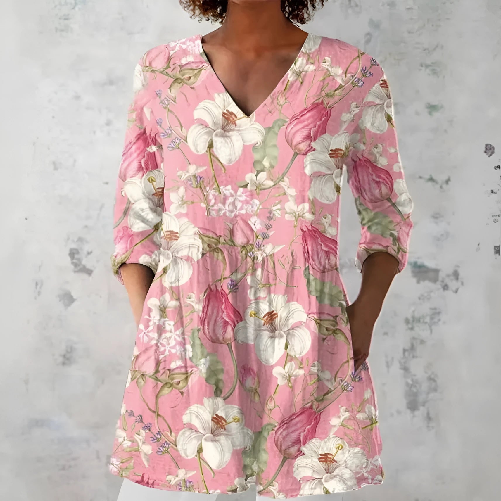 Women's retro slim fit printed long-sleeved top in a floral pattern, showing front view.