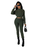 Women's cotton knit diamond pattern cable sweater set with long sleeves and matching trousers in brown