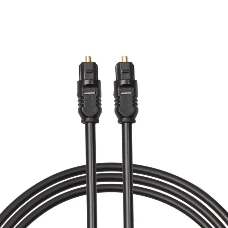 Black 2-metre digital optical Toslink audio cable with square connectors on opposite ends.