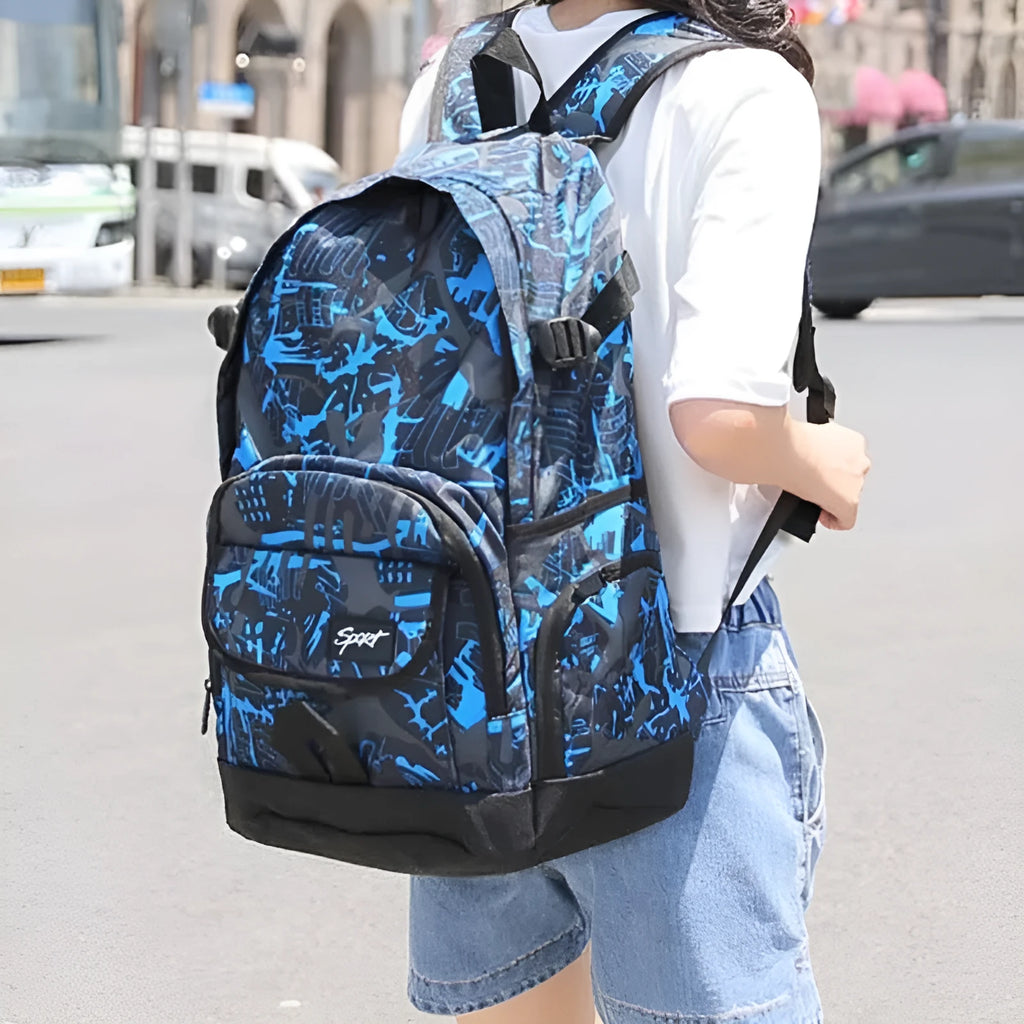 Blue and red large classic nylon backpack for students and teenagers.