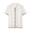 White women's short-sleeve cardigan with contrasting colour lapels laid flat.