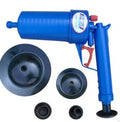 Plastic air power drain blaster gun with four different sized adaptors for clearing blocked pipes