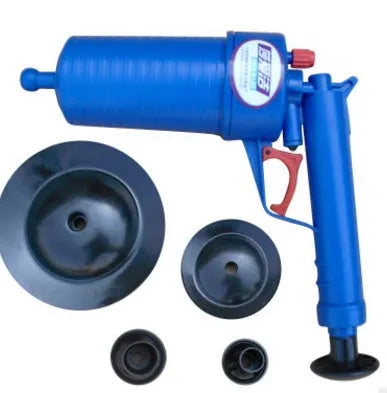 Plastic air power drain blaster gun with four different sized adaptors for clearing blocked pipes