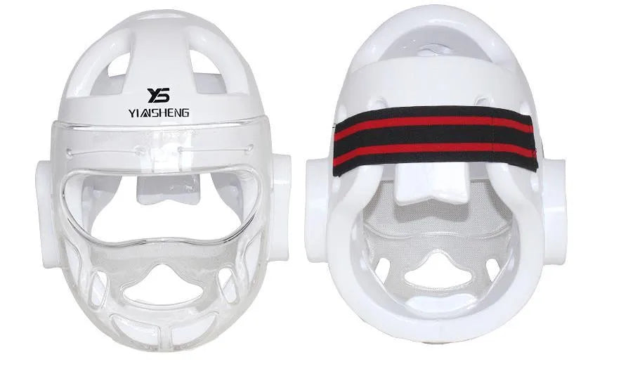 Karate boxing helmet protective equipment in white, blue and red colours showing head coverage design
