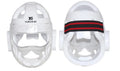 Karate boxing helmet protective equipment in white, blue and red colours showing head coverage design