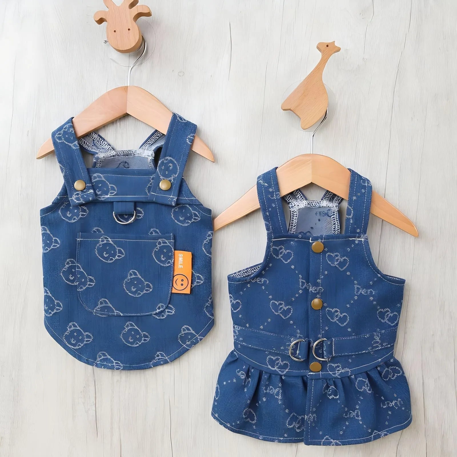 Small dog wearing HNXD denim bracket-skirt dress in one of five available sizes