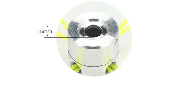 Silver aluminium lawn mower grass trimmer head with four light yellow square cords and a wrench