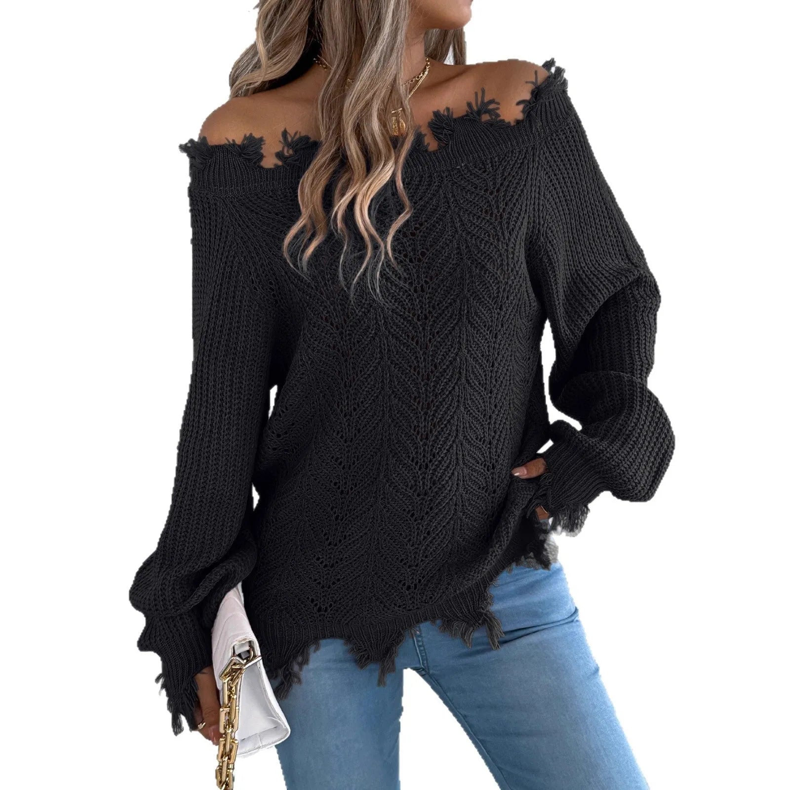 Hollow-out cut-off shoulder pullover sweater in artificial wool acrylic fabric showing street fashion styling