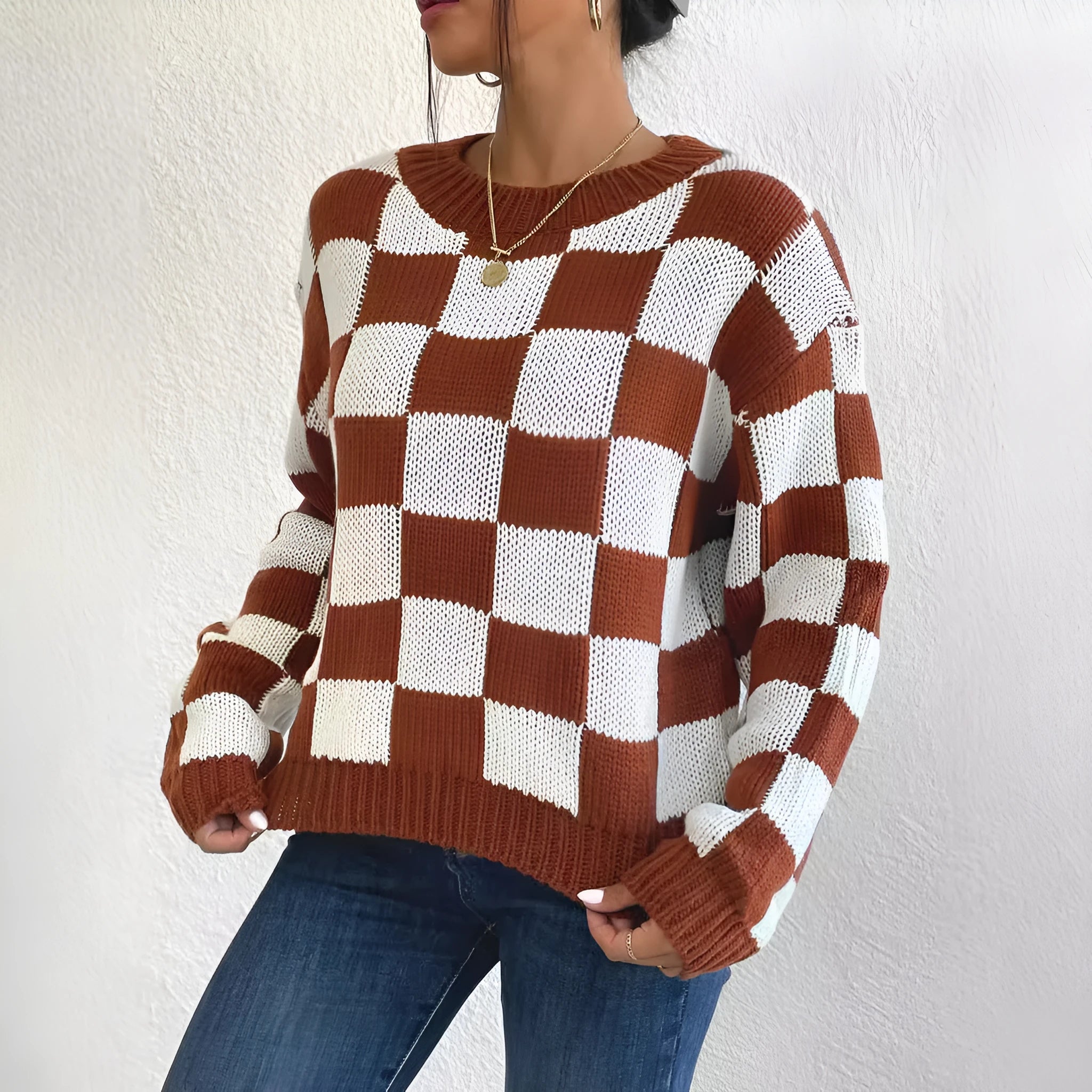 Dark brown chessboard plaid acrylic pullover sweater with round neck and long sleeves