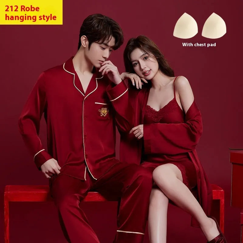 Red men's and women's matching sleepwear set with long sleeves and trousers for wedding and home wear