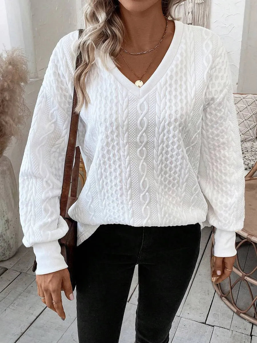 Milky white casual loose fit long sleeve t-shirt with three-dimensional pattern design