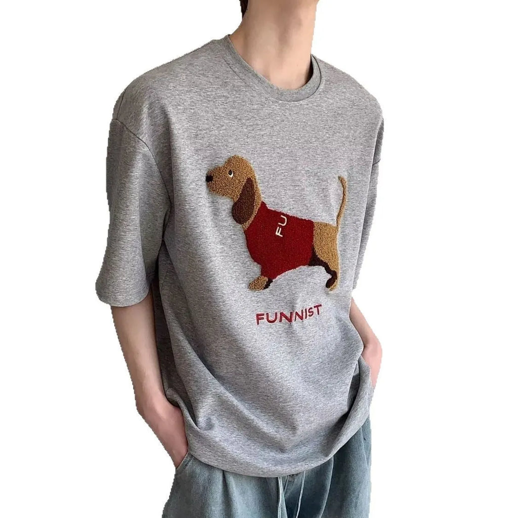 Grey men's t-shirt with an embroidered sausage dog design on the front.