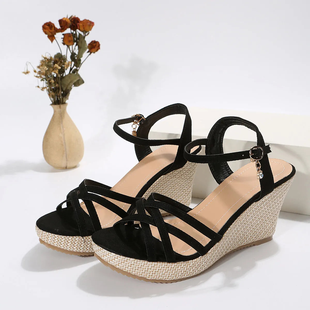 Women's black cloth wedge sandals with fish mouth toe design on size 38 foot
