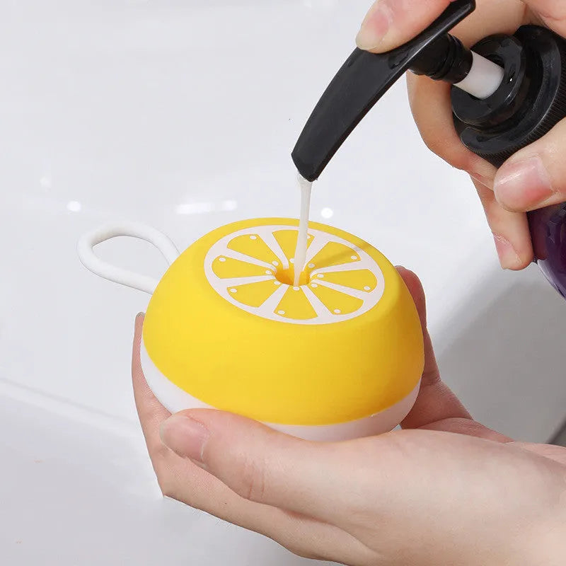 Yellow silicone pet grooming brush with massage head for dog and cat bath time
