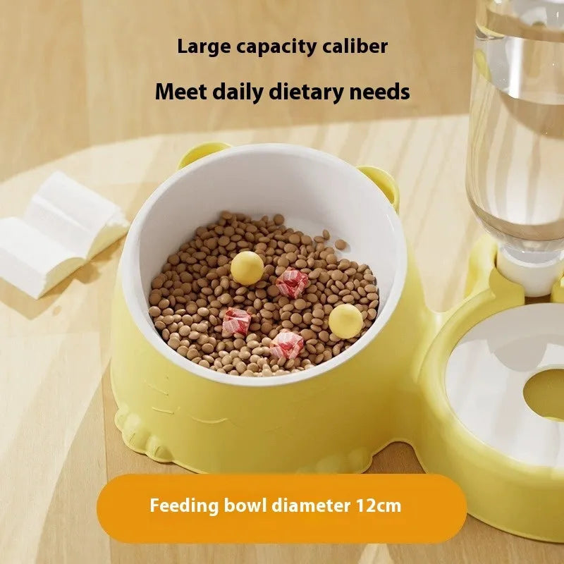 Automatic cat water bowl with stainless steel ceramic double bowls in haze blue plastic housing