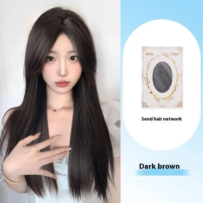 Black long straight full-head synthetic wig with lace front and side bangs.