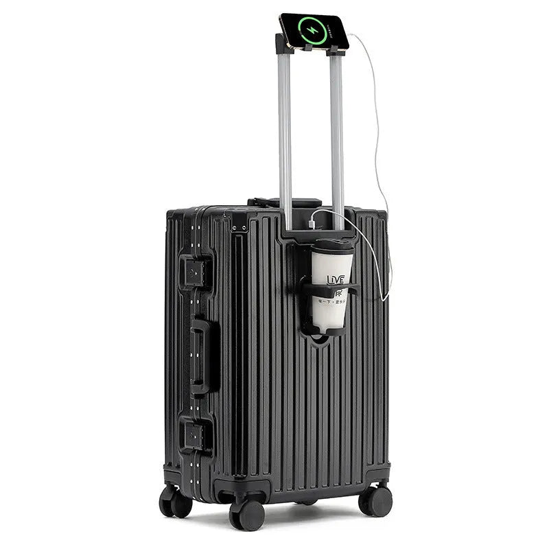 Hard-shell aluminium frame suitcase in avocado green colour with USB port and universal wheels.