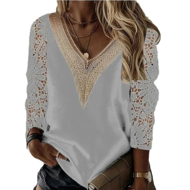 Women's v-neck nine-quarter sleeve chiffon shirt with lace splicing in gray, slim fit