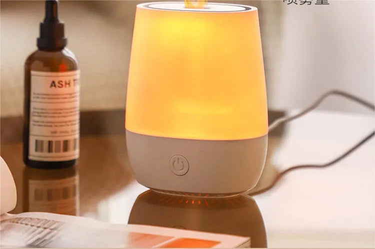 White USB aroma diffuser with simulated flame effect showing compact dimensions
