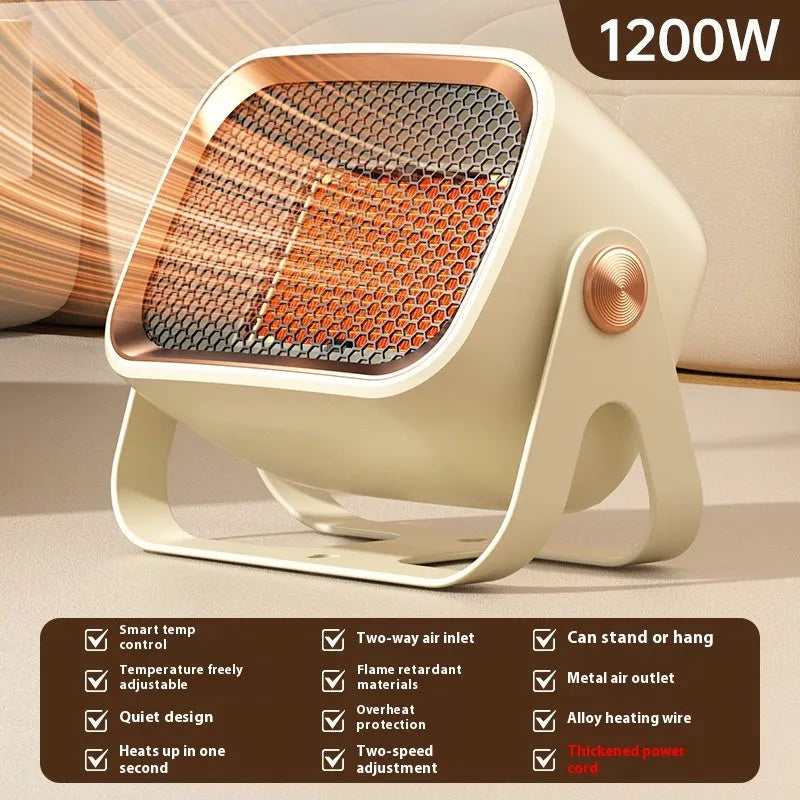 Compact grey desktop heater with rotating design and PTC ceramic heating for small rooms