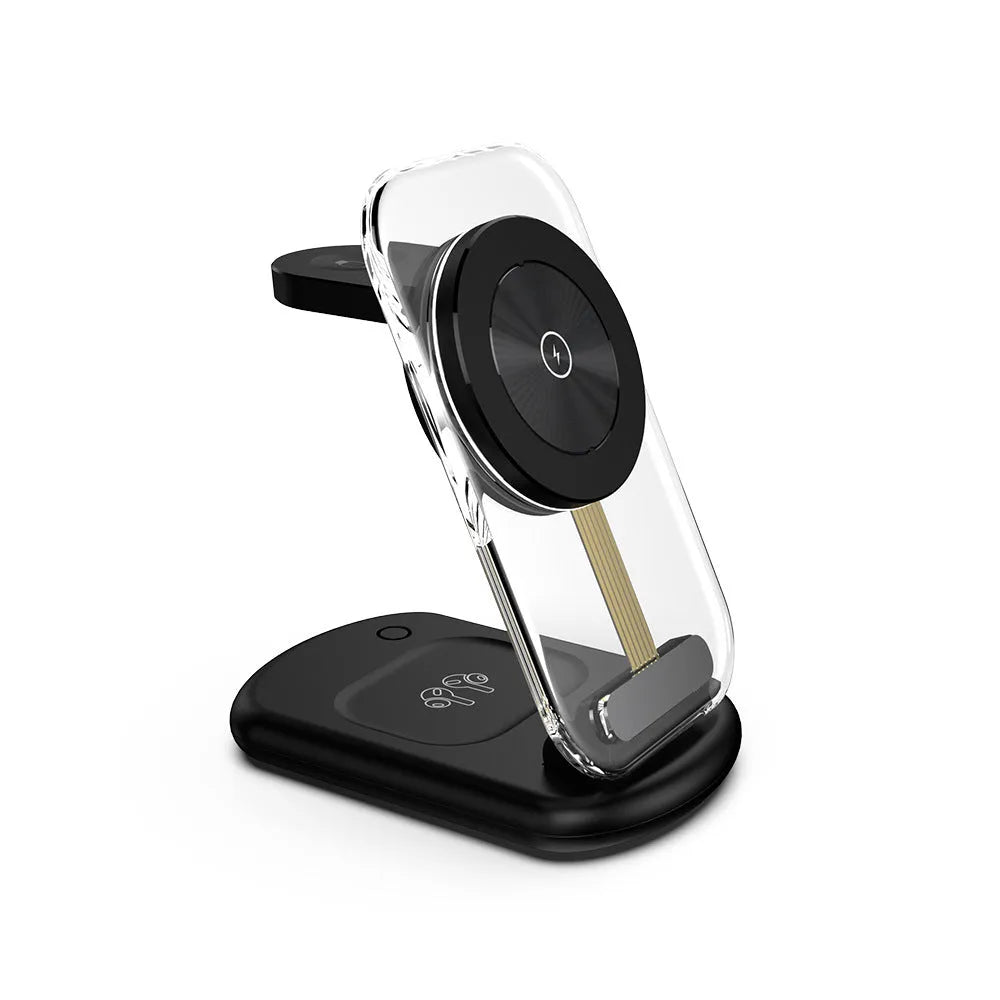 Transparent folding three-in-one wireless charger showing internal components