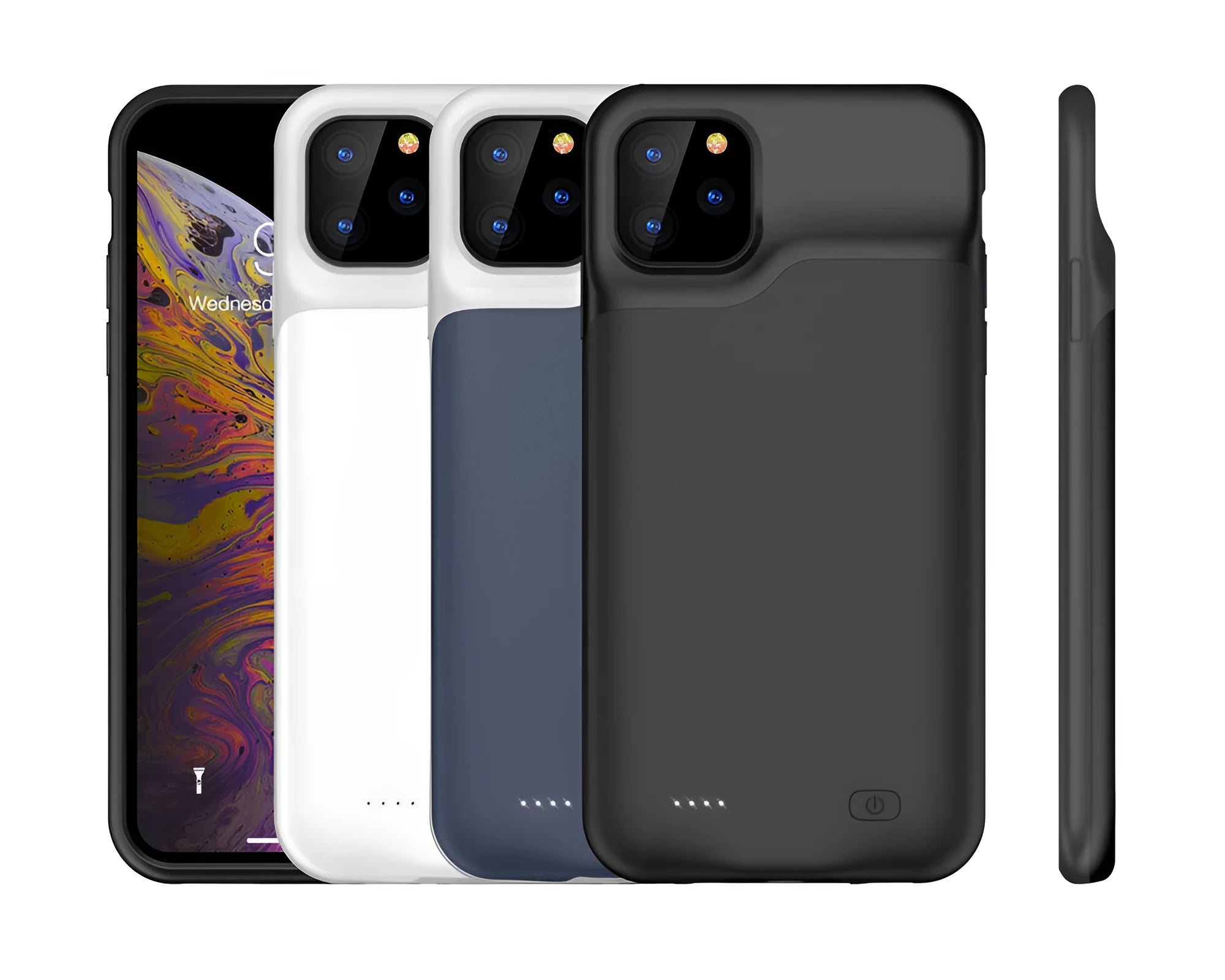 Shockproof silicone iPhone battery charger case in black, blue, pink, or white showing extra power capacity.