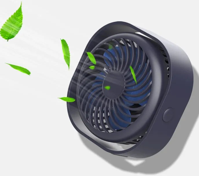 Compact USB desk fan in alarm clock style with blue colour finish, showing 360-degree rotation.