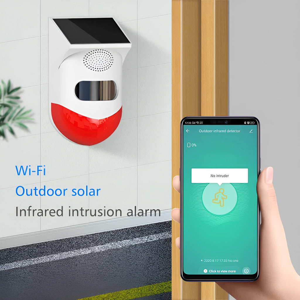 Solar-powered infrared security alarm with remote control for outdoor wall mounting