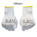 White PU coated labour gloves showing palm detail and length, sizes L and M, in a 10-pair pack.
