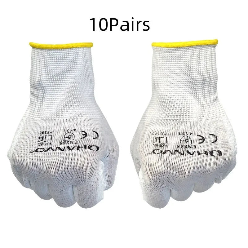 White PU coated labour gloves showing palm detail and length, sizes L and M, in a 10-pair pack.