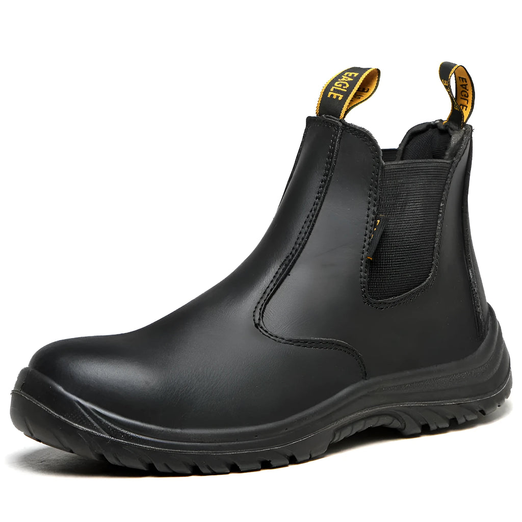 Black leather safety work boots with high-top design and anti-piercing soles for industrial protection