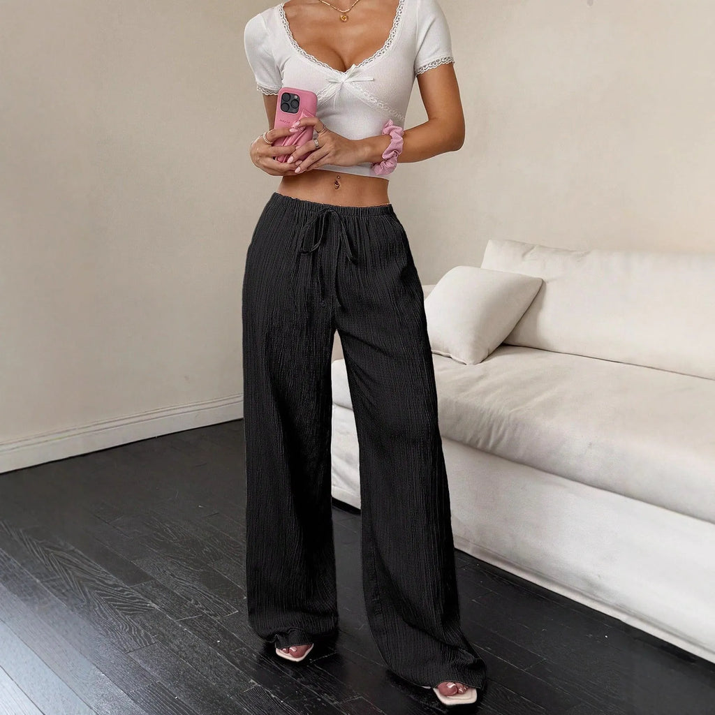Women's black wide-leg trousers with lace-up waist trimming, casual mid-rise fit