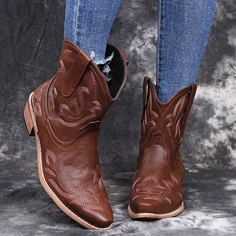 Women's blue Western cowgirl boots with embroidery details and low wedge heel