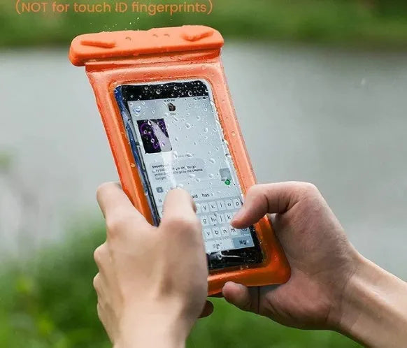 Orange PVC waterproof phone pouch with neck rope showing double airbag design