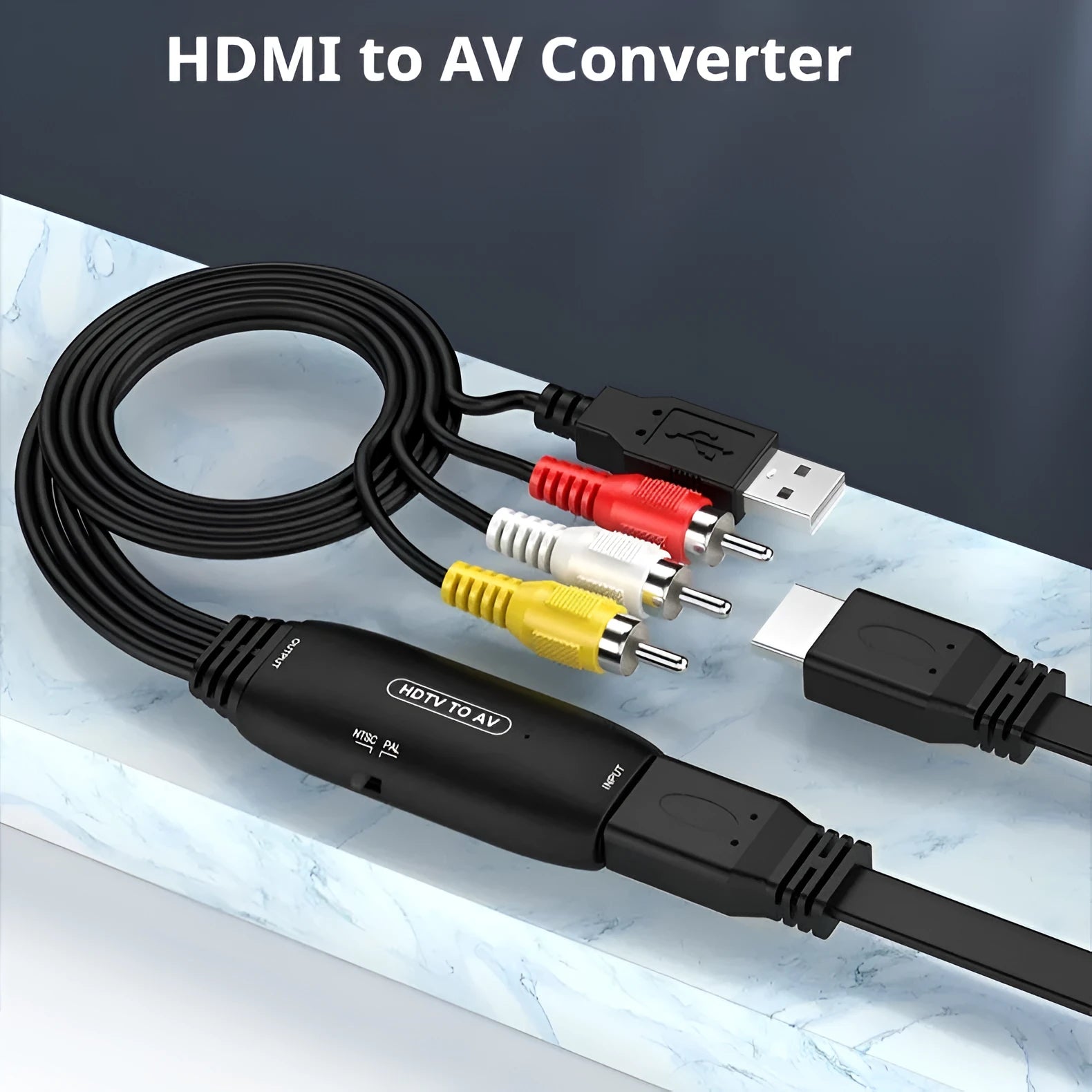 HDMI to AV converter adapter cable with RCA connections, 110cm length