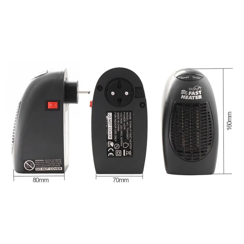 Black compact ceramic electric heater with digital display and a rotating three-prong plug on a white background.