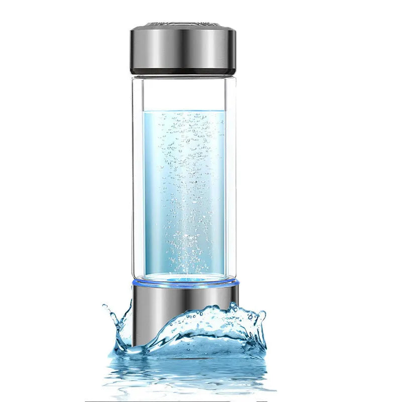 Portable hydrogen water cup with high borosilicate glass body and 304 stainless steel components, showing electrolysis bubbles.
