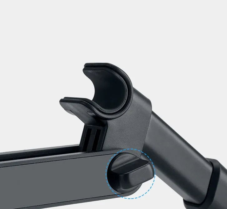Black universal car phone holder mounted on vehicle rear seat with tablet in snap-in mechanism