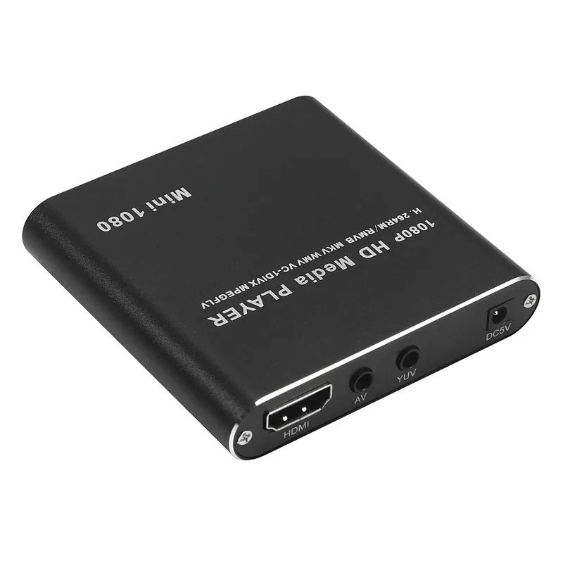 Compact black 1080p Full HD media player with HDMI, SD card, and USB ports on a white background.