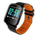 A6 compatible smart bracelet with colour touchscreen and silicone strap in black, blue, or orange options