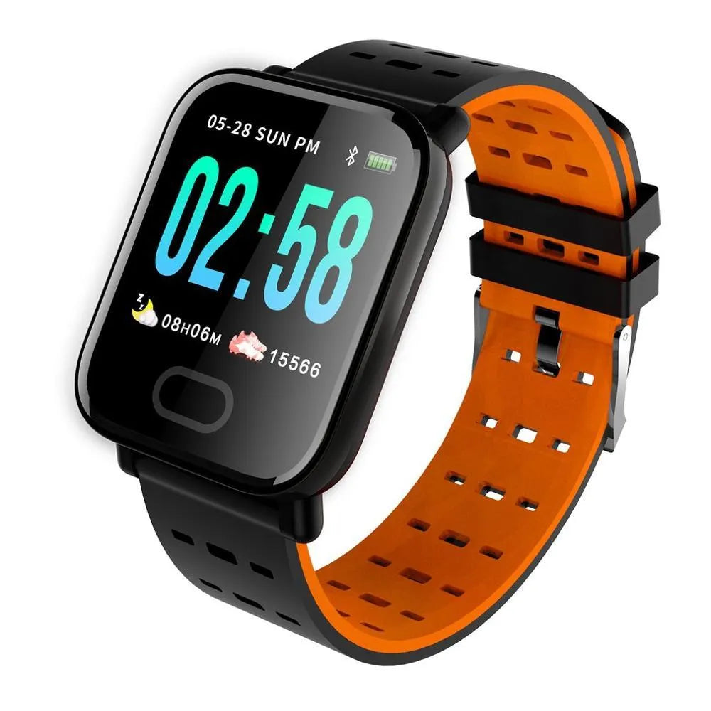 A6 compatible smart bracelet with colour touchscreen and silicone strap in black, blue, or orange options