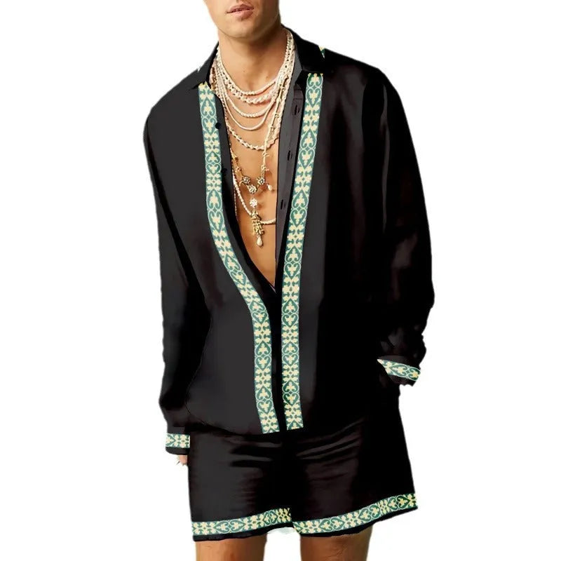 Men's summer casual outfit with slim fit long sleeve shirt and matching loose shorts
